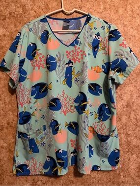 Dory Print Medical Scrub Top - Seafoam Blue & Navy